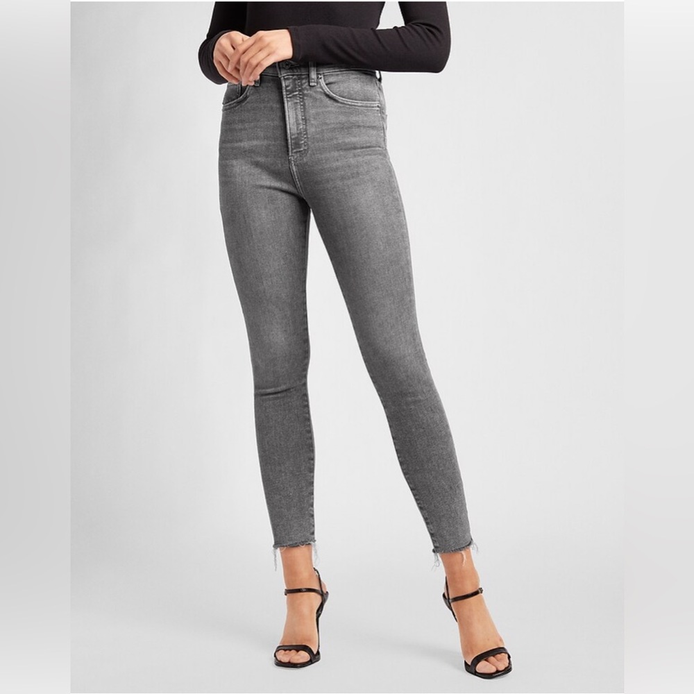 Express Super High Waisted Gray Raw Hem Skinny Jeans - 8 Regular